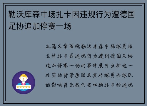勒沃库森中场扎卡因违规行为遭德国足协追加停赛一场 勒沃库森中场扎卡因违规行为遭德国足协追加停赛一场